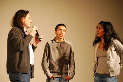 Meral Uslu and Aziz Akazim, director and actor of <i>Snackbar</i> with Nicola Falcinella